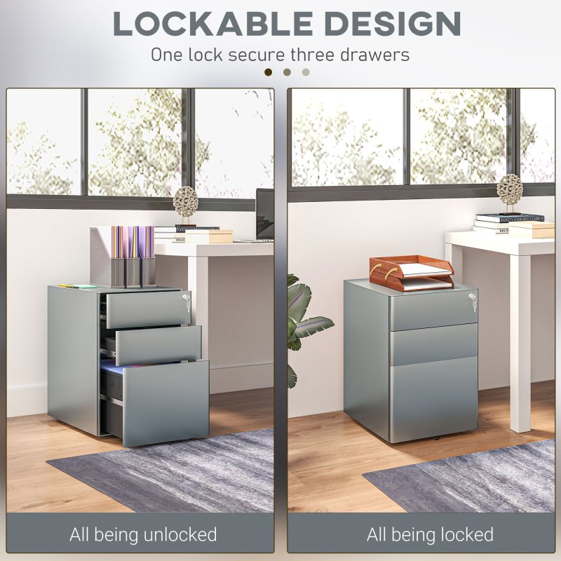 Vinsetto 3-Drawer Mobile Filing Cabinet, Steel Lockable File Cabinet for A4, Legal, Letter, Compact Under Desk Storage Unit with Pre-Assembled Body Except Wheels for Home Office, 39 x 48 x 59cm, Grey