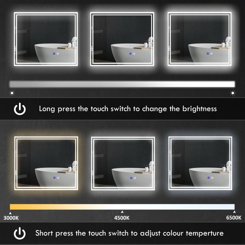 kleankin Bathroom Mirror with LED Lights, Dimmable Makeup Mirror with 3 Temperature Colours, Defogging Film, Memory Function and Aluminium Frame, Hardwired, Horizontal and Vertical, 60 x 50?cm