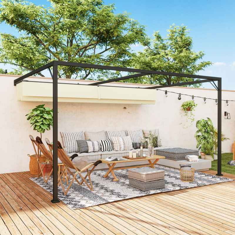 Outsunny 4 x 3(m) Outdoor Lean To Pergola Retractable Canopy Wall Mounted Gazebo Patio Shelter Sun Shade, Cream White