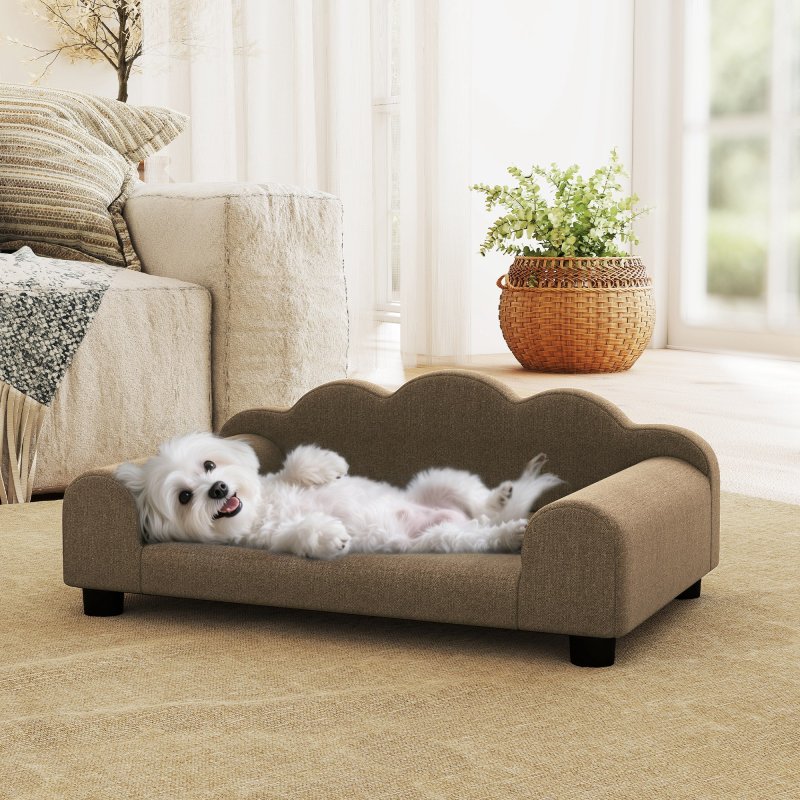 PawHut Dog Sofa Bed, Elevated Cat Sofa with Backrest and Armrest, Breathable Pet Lounge for Indoor Small Dogs, Brown