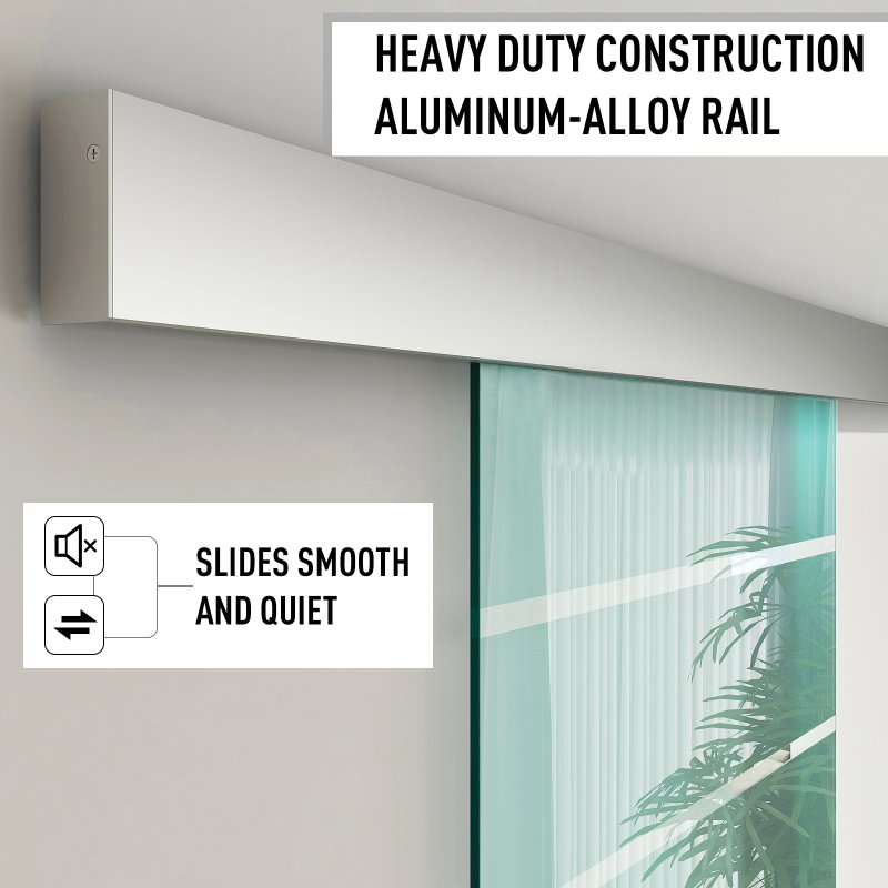 HOMCOM 90cm Sliding Glass Door with Hardware Track Kit, Frosted Tempered Glass with Stripe Pattern, Round Handle