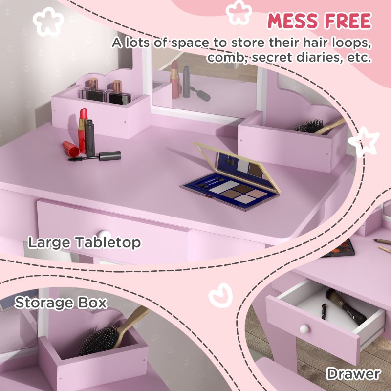 ZONEKIZ Kids Dressing Table, Kids Vanity Table, Girls Dressing Table with Mirror, Stool, Drawer, Storage Boxes, Cloud Design, for Ages 3-6 Years - Pink