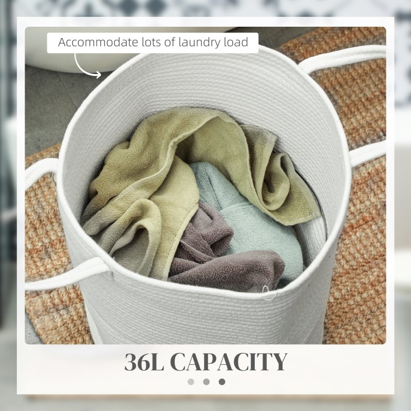 HOMCOM 36L Laundry Hamper, Cotton Rope Laundry Basket with Handles, Collapsible Washing Bin, 38 x 45cm, Cream White