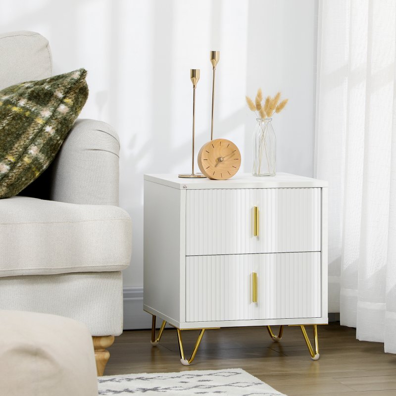 HOMCOM Modern 2 Drawer Dresser, Fluted Bedroom Dresser Chest of Drawers with Metal Legs and Steel Handles for Bedroom, White