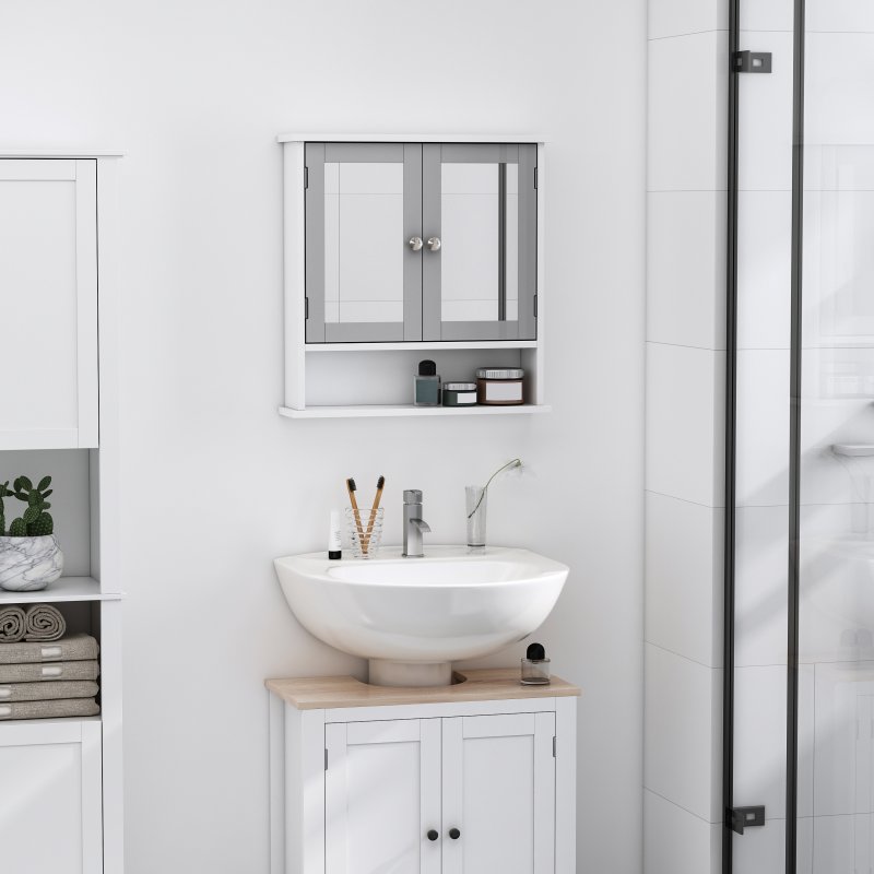 kleankin Mirror Cabinet Wall Mounted with Double Mirrored Doors, Hanging Cabinet with Cupboard and Shelf, Bathroom Wall Storage Organiser