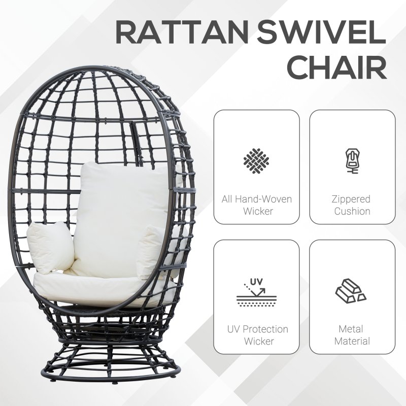 Outsunny 360 Swivel Egg Chair, Garden Rattan Swivel Chair with Thickened Cushion and Pillow, 150 KG Capacity for Indoor Outdoor, Balcony, Patio, Black