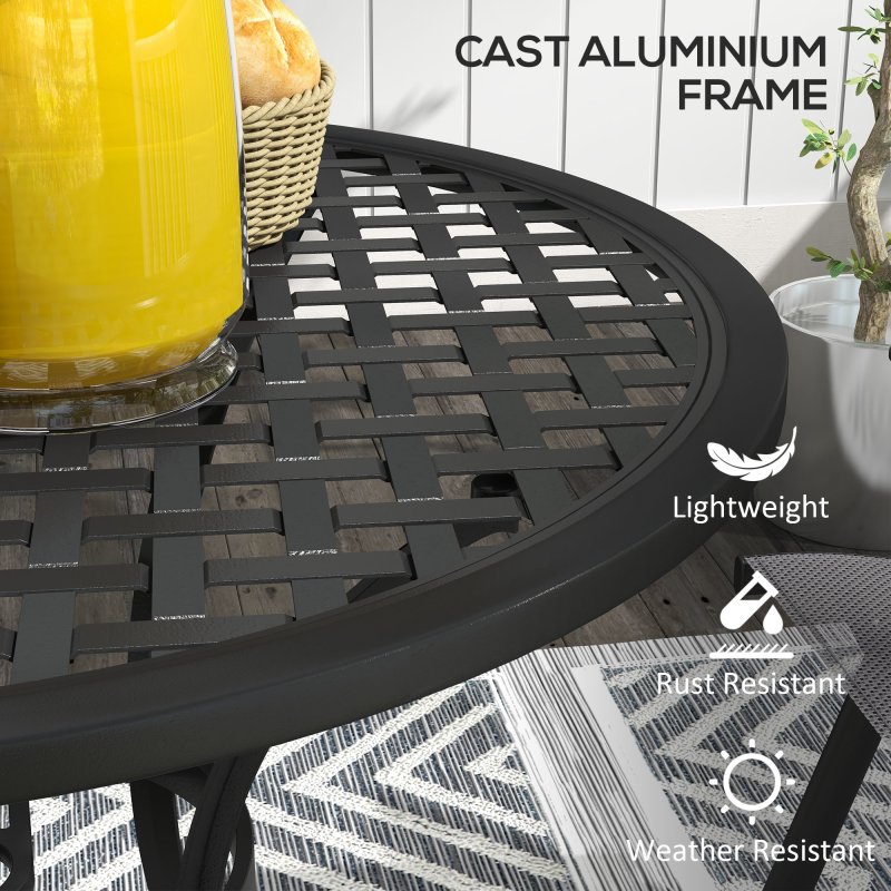 Outsunny 85cm Round Garden Dining Table, Cast Aluminium Coffee Table with Parasol Hole and Adjustable Foot Pad, Patio Table for Outdoor, Balcony, Poolside, Black
