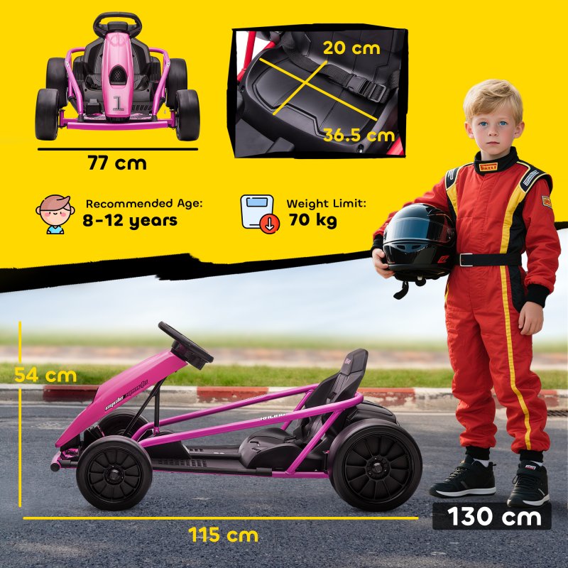 HOMCOM 24V Electric Go Kart for Kids, Drifting Ride-On Racing Go Kart with Slow Start, Music, Horn Honking and Safety Belt, for 8-12 Years Old, Pink