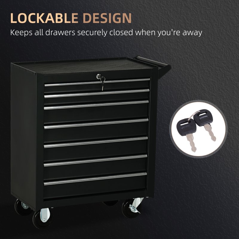 DURHAND 7-Drawer Rolling Tool Chest on Wheels, Lockable Tool Cabinet with Side Handle, Metal Tool Box Trolley for Garage, Workshop, Matte Black