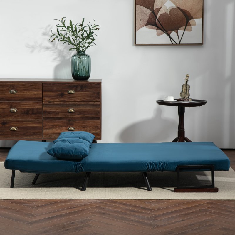 HOMCOM 2 Seater Sofa Bed, Click Clack Convertible Bed Settee, Modern Velvet Feel Fabric Sofa Couch with 2 Tufted Cushions, Wood Armrests for Living Room, Bedroom, Guest Room, Navy Blue