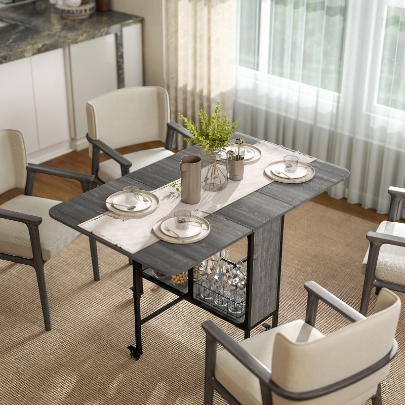 HOMCOM Mobile Drop Leaf Table, Folding Dining Table with 6 Wheels & Storage Shelf for Small Spaces, Kitchen, Dining Room