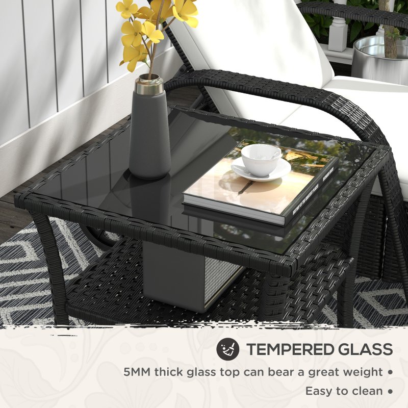 Outsunny 50cm Outdoor PE Rattan Coffee Table, Patio Wicker Two-tier Side Table with Glass Top, for Patio, Garden, Balcony, Black