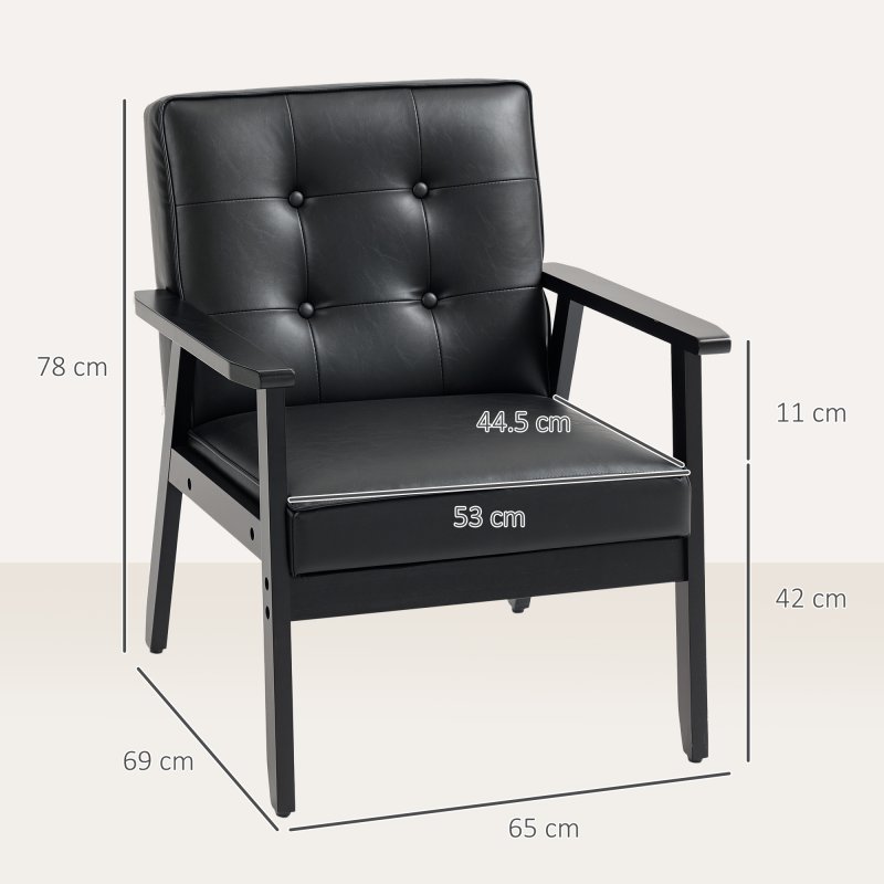 HOMCOM Armchair, PU Leather Accent Chair, Occasional Chair with Rubber wood Frame for Living Room, Reception, Bedroom, Balcony, Black
