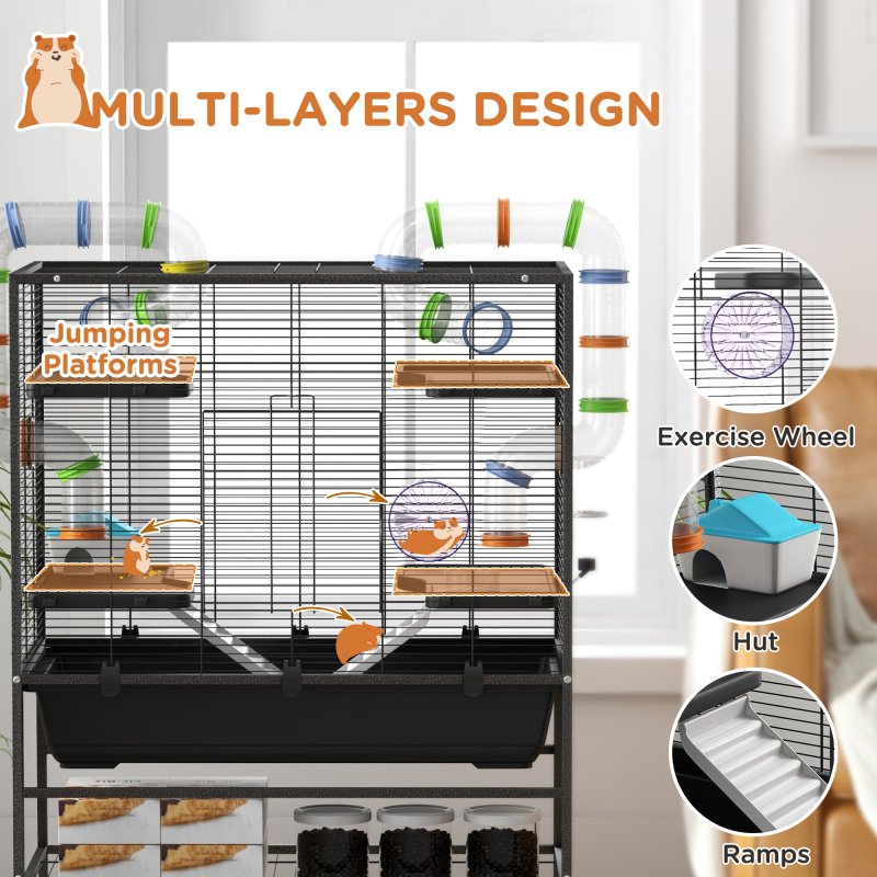 PawHut Large Hamster Cage, Gerbil Cage with Wheels, Tubes, Storage Shelf, Ramps, Running Wheel, Food Dish, Water Bottle, for Syrian Hamster - Black