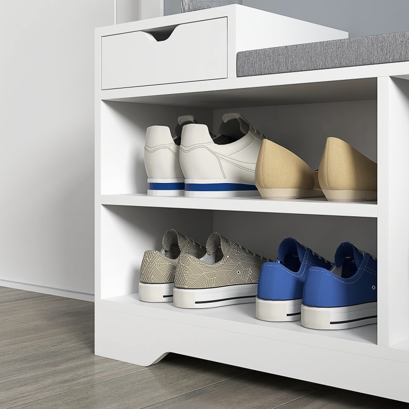 HOMCOM Shoe Storage Bench, Shoe Rack Bench with Seating Cushion, Drawer, 3 Open Compartments and Table Top for Entryway, Hallway