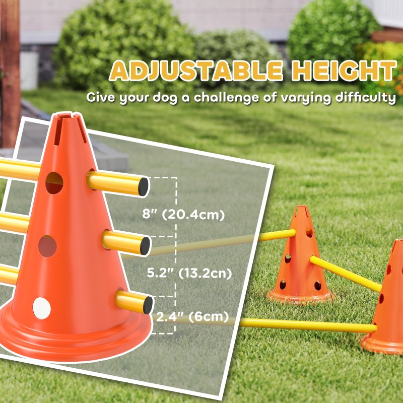 PawHut Dog Agility Set, Portable Pet Jump Training Equipment Kit for Six Cones, Six Poles with Carry Bag, Three-Piece Adjustable Height Jumping Obstacles, Orange