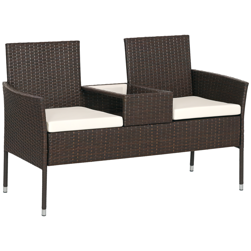 Outsunny 2 Seat Rattan Garden Bench, Patio Wicker Chair with Glass Tea Table, Outdoor Love Seat with Padded Cushions, for Garden, Porch, Brown/Cream White