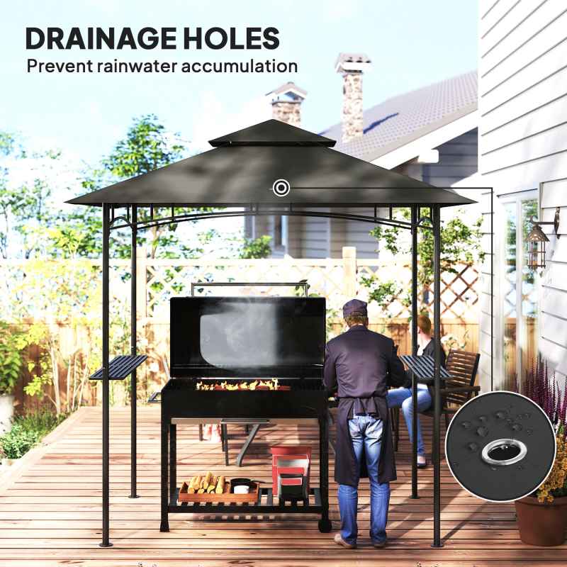 Outsunny 2.4 x 1.5 m (8' x 5') Grill Gazebo Canopy with LED Lights, Double Tiered Outdoor BBQ Gazebo Shelter with 2 Side Shelves, Storage Basket and Hooks for Garden, Barbecue, Picnic, Dark Grey