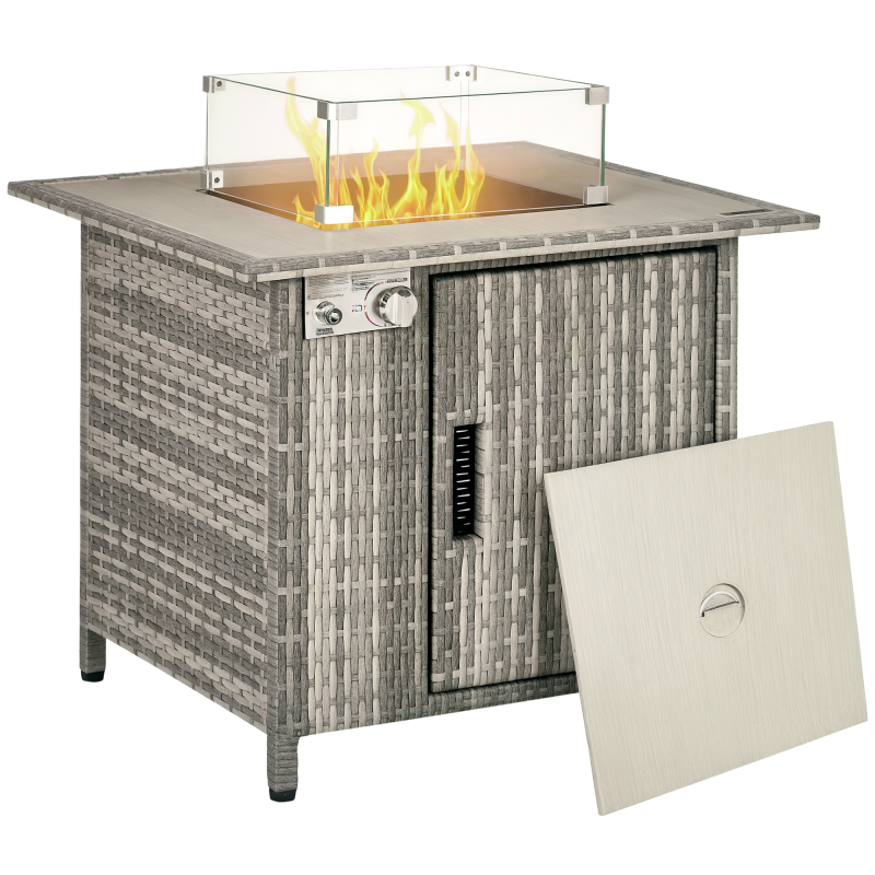 Outsunny Outdoor PE Rattan Gas Fire Pit Table, Patio Square Propane Heater with Rain Cover, Glass Windscreen, and Lava Stone, 50,000 BTU, Grey