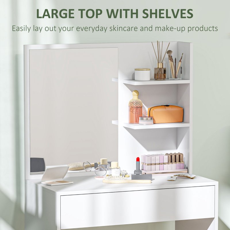 HOMCOM Dressing Table with Mirror, Modern Vanity Desk with Drawer and 3 Open Shelves, Makeup Desk for Bedroom, White
