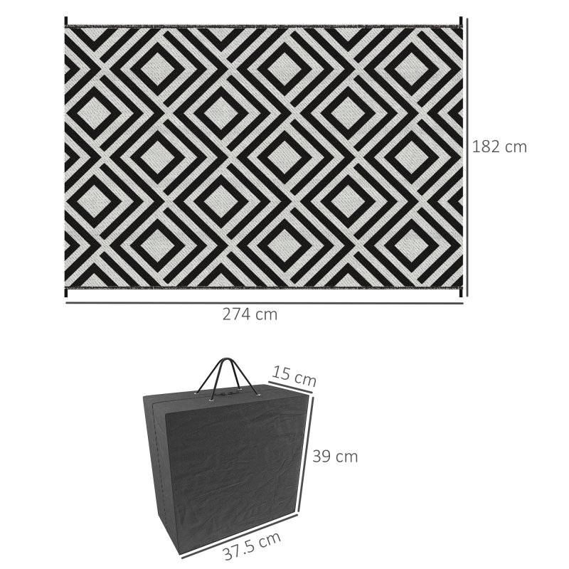 Outsunny Reversible Outdoor Rug with Carry Bag, Waterproof Plastic Straw Mat for Garden, Deck, RV, Picnic, Beach, Camping, 182 x 274cm, Black & White