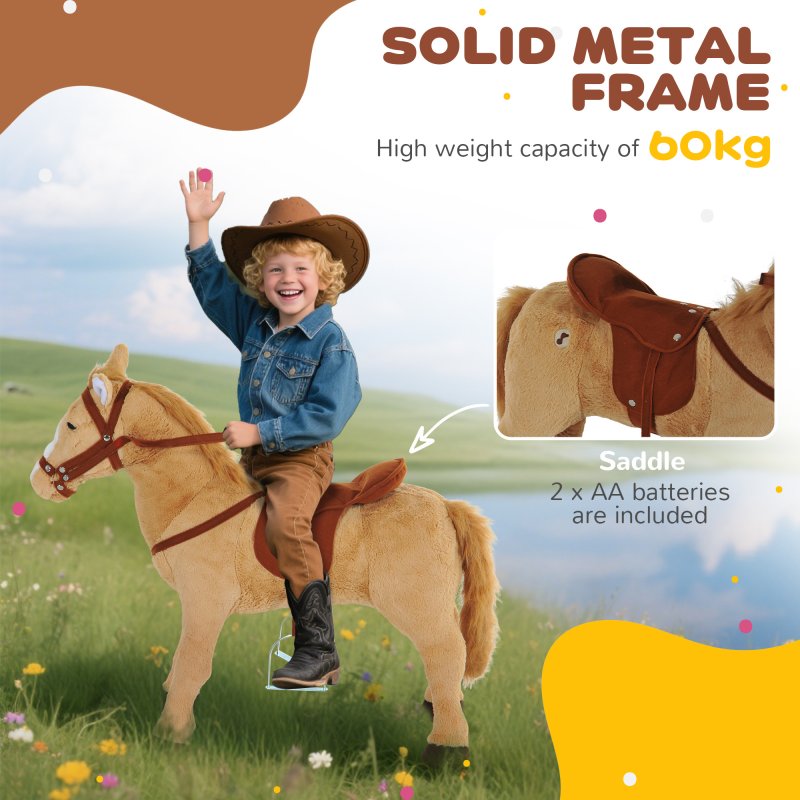 HOMCOM Kids Ride On Standing Horse Cuddly Toy Children Plush Soft Pony Gift w/ Neigh Sound or 3 Years and Up Beige