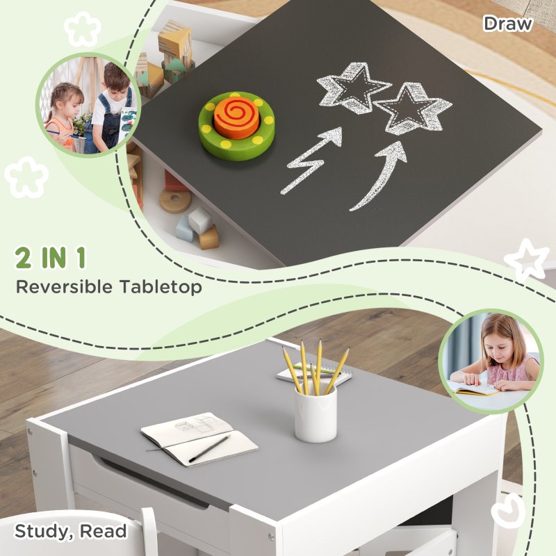 HOMCOM 3 Piece Kids Table and Chair Set, 3 in 1 Design Kids Desk and Chair Set with Blackboard, Storage, Bookshelves, for Nursery, Playroom, Classroom - Grey