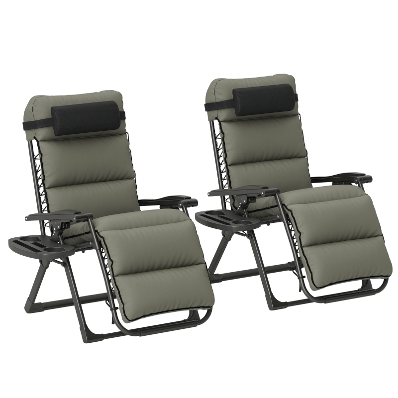 Outsunny Zero Gravity Chairs Set of 2, Folding Reclining Garden Chair, Outdoor Sun Lounger with Cushion, Garden Recliner Chairs with Headrest and Cup Phone Holder Tray for Beach, Grey