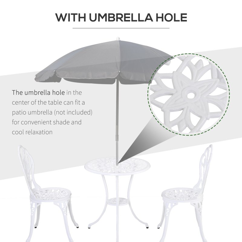 Outsunny 3 Piece Patio Bistro Set for 2, Outdoor Aluminium Garden Table and Chairs with Umbrella Hole for Balcony, White