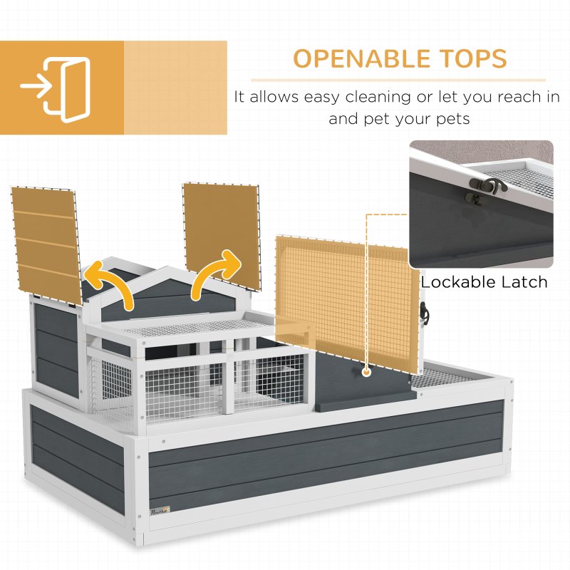 PawHut Tortoise House 3-Room Wooden Tortoise Enclosure Large Reptile Cage with 2 Stories, Ladder, Balcony, Tray, Openable Roof, 59H x 112L x 65Wcm, Grey