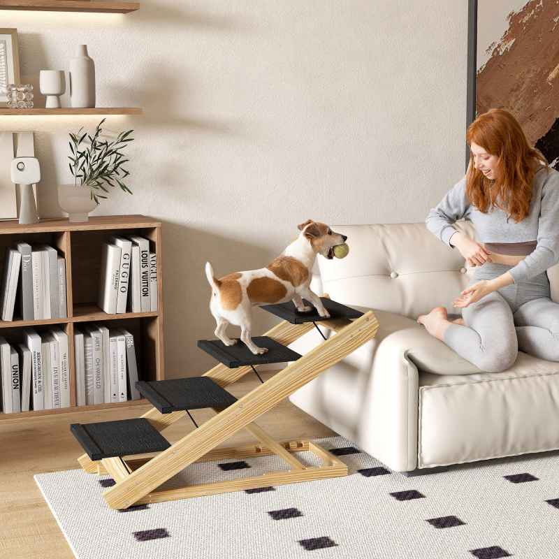 PawHut Dog Steps Dog Ramp, 4-Step Adjustable Height Pet Stairs for Large Sized Dogs, Foldable Dog Stairs for Bed Sofa, with Non-slip Surface