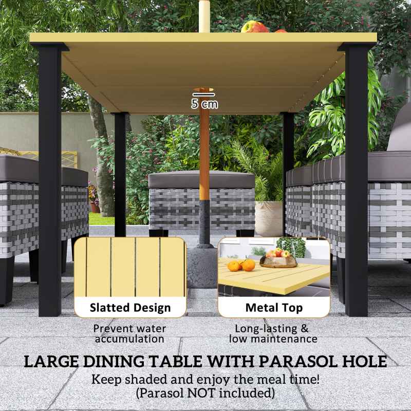 Outsunny 7-Piece Rattan Garden Dining Set, 6 Seater Wicker Garden Furniture Set with Seat and Back Cushions, Umbrella Hole, Patio Table and Chairs with Slatted Metal Top Table for Balcony, Grey