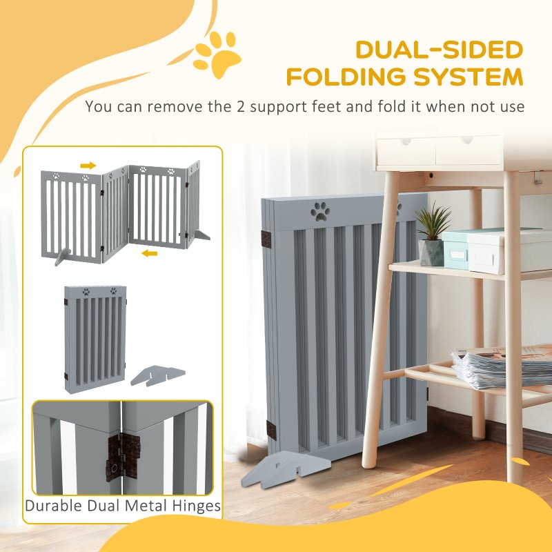 PawHut Freestanding Pet Gate 4 Panel Dog Barrier Folding Safety Fence with Support Feet up to 204cm Long 75cm Tall for Doorway Stairs, Grey