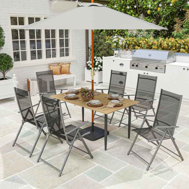 Outsunny Garden Dining Table for 6 Person, Rectangle Outdoor Coffee Table with 5 cm Parasol Hole, Slatted Tabletop and Steel Frame for Patio Balcony, Brown
