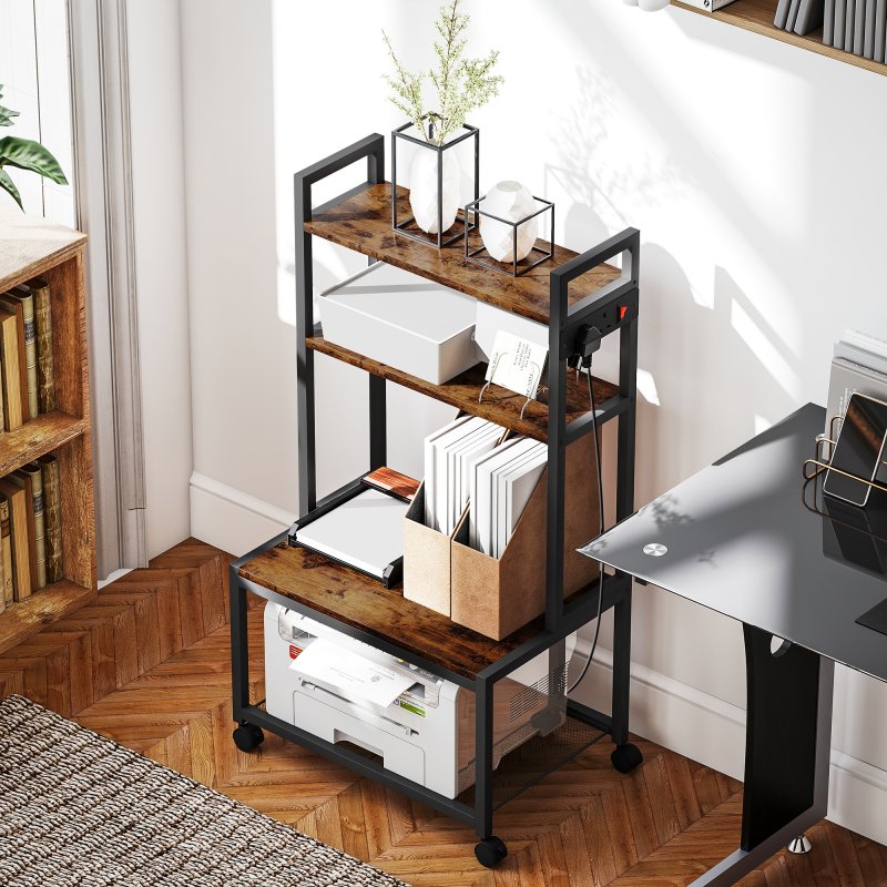 HOMCOM 4-Tier Printer Stand with Power Outlets, Mobile Printer Table with Wheels and Metal Frame for Home Office, Study, Rustic Brown