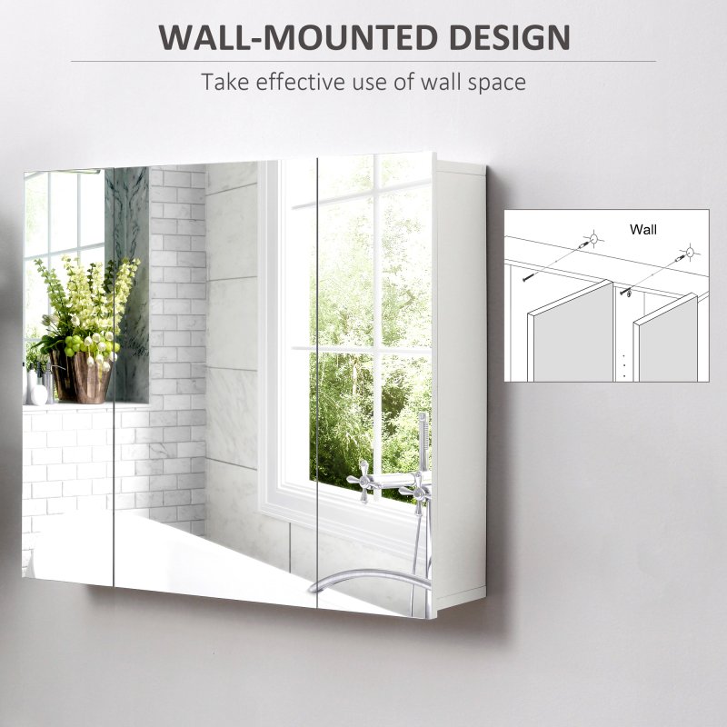 kleankin Bathroom Medicine Cabinet with Mirror, Wall Mounted Bathroom Mirror Cabinet with 3 Doors, Adjustable Shelves, White