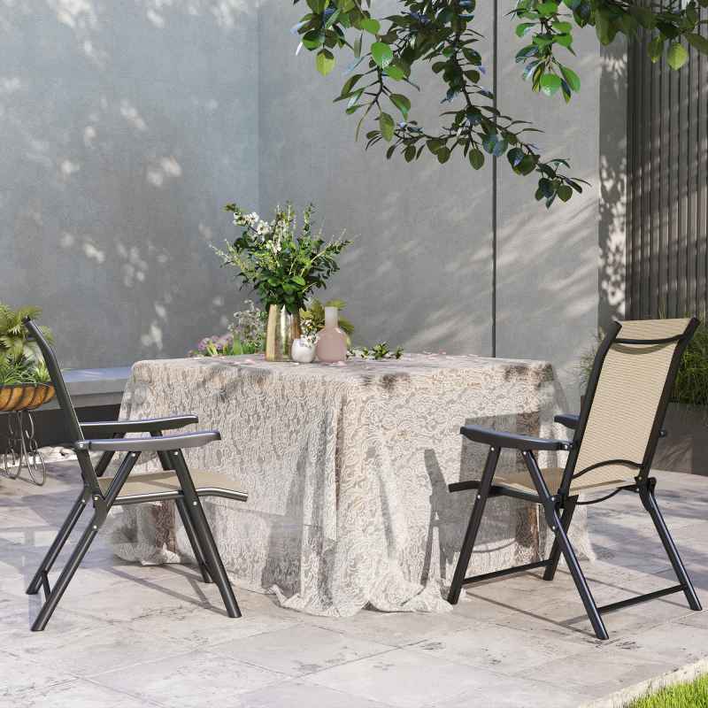 Outsunny Set of 2 Folding Chair, Garden Chair Set with Breathable Mesh Back and Seat, Outdoor Camping Chairs with Armrests, Steel Frame for Deck Balcony, Brown