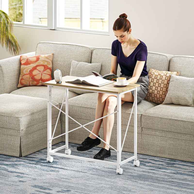 HOMCOM Small Folding Desk, 80 cm Foldable Computer Desk on Wheels for Small Space, Easy Assembly, Space Saving Writing Table for Home Office, Bedroom, Natural Tone