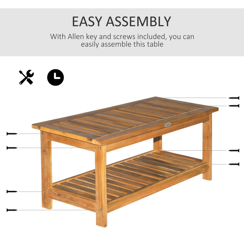 Outsunny Wooden Garden Coffee Table, Outdoor Side Table with Bottom Storage Shelf for Patio, Deck, Lawn, Garden, 90 x 45 x 43 cm, Teak