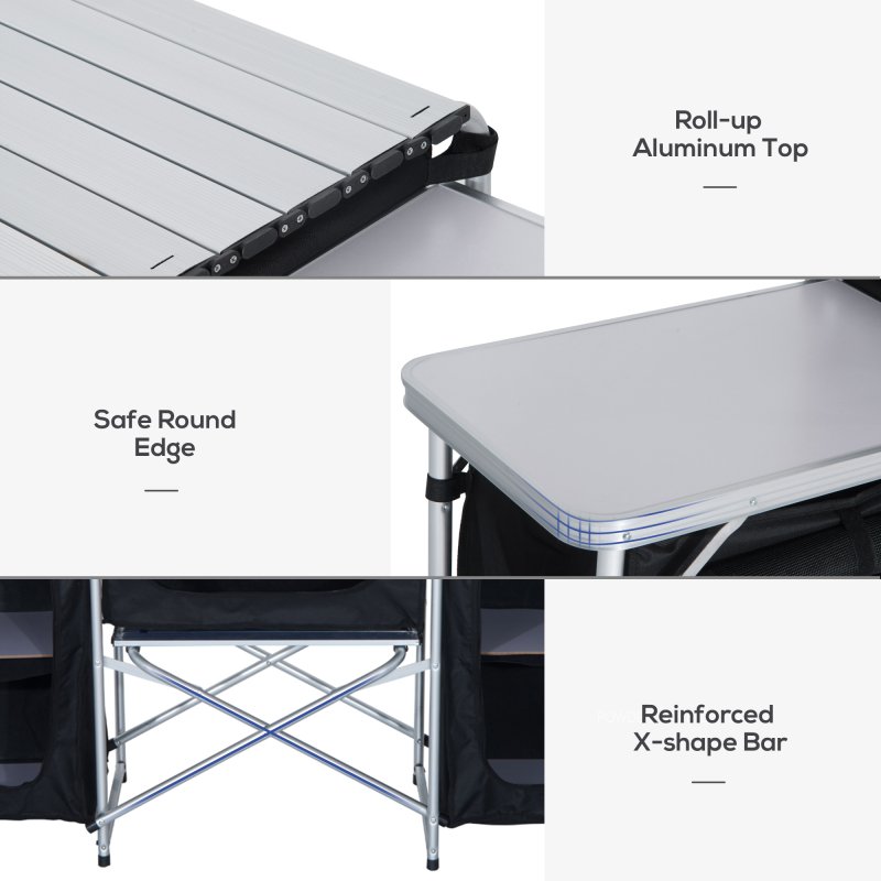 Outsunny Portable Camping Kitchen with Aluminium Frame, Fold-Up Cooking Table With Windscreen and 3 Enclosed Cupboards for BBQ, Party, Picnic, Black