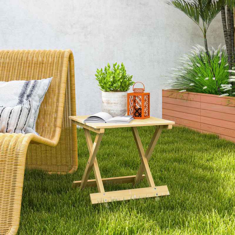 Outsunny Fir Wood Folding Coffee Table, Lightweight Small Garden Table with Slatted Top, Portable Folding Side Table for Balcony Deck Patio Terrace, Nature Wood Finish