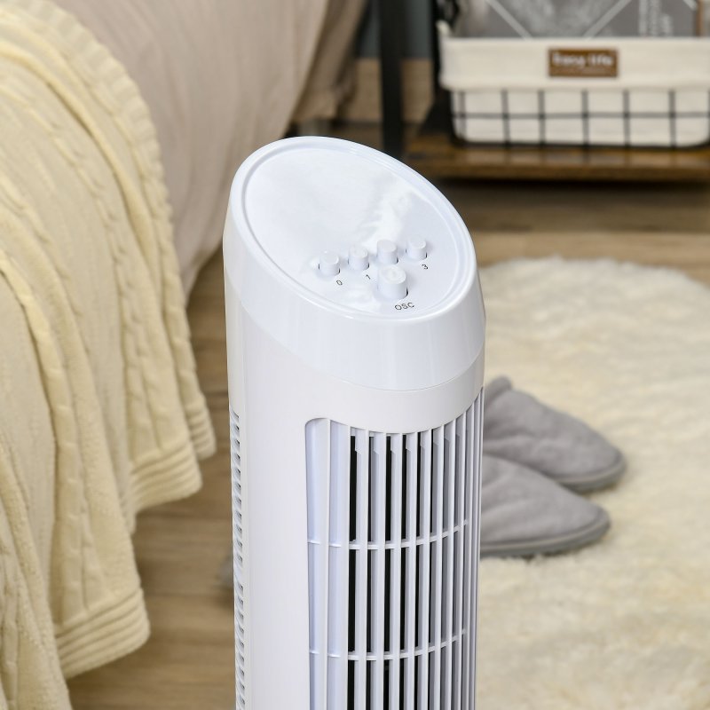 HOMCOM Tower Fan for Bedroom Cooling, 30 Inch Electric 70° Oscillating Fan with 3 Speed Settings, Standing Floor Fan for Home Office Indoor, White