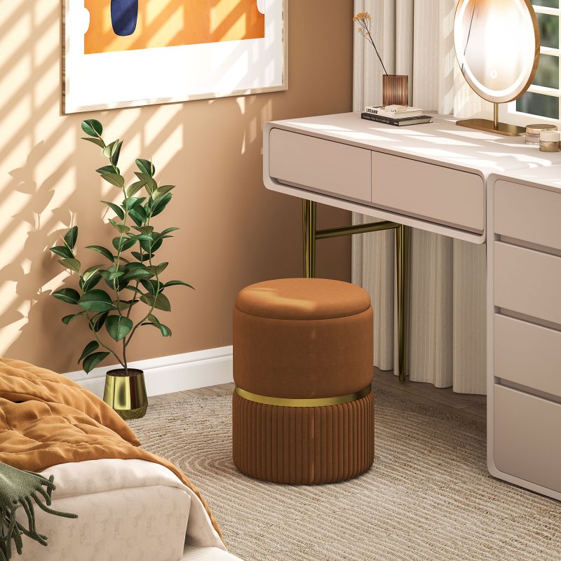 HOMCOM Round Storage Stool, Velvet-feel Fabric Upholstered Vanity Stool with Removable Top, Padded Seat and Hidden Space for Living Room, Bedroom