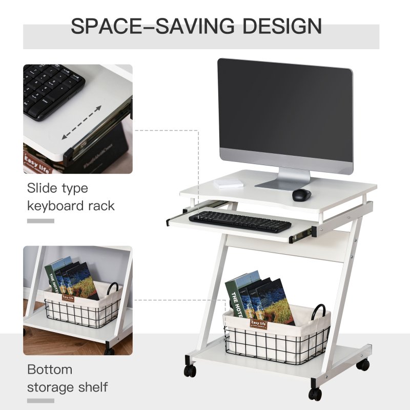 HOMCOM Movable Computer Desk with 4 Moving Wheels Sliding Keyboard Tray Home Office Workstation 