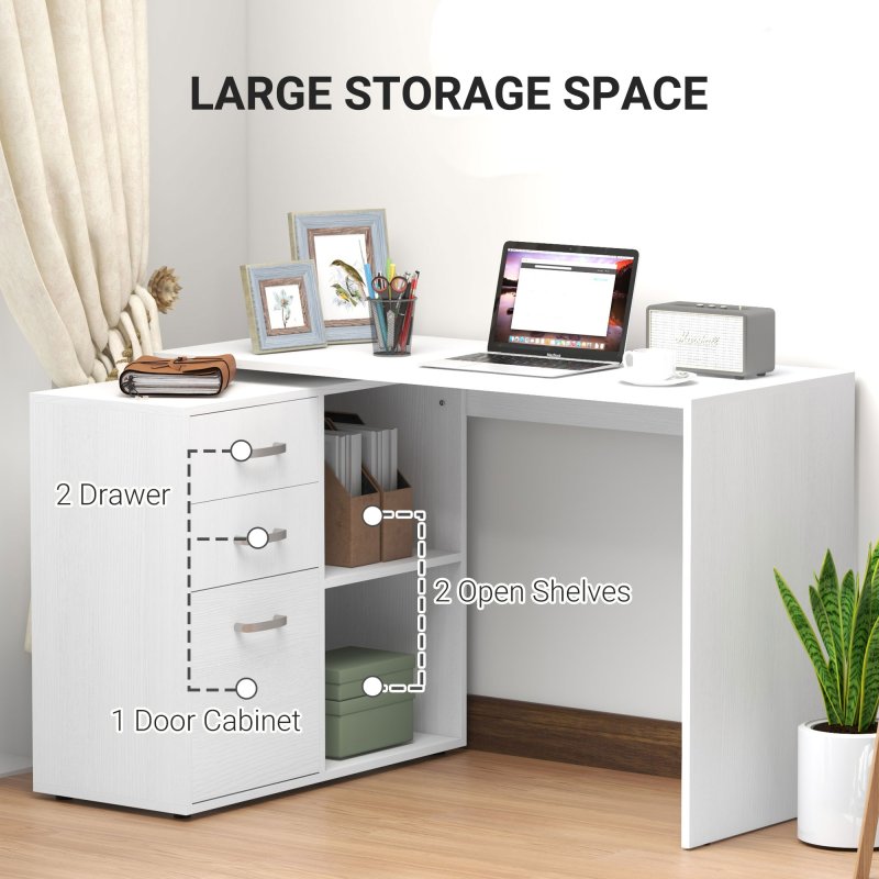 HOMCOM L Shaped Computer Desk, Reversible Home Office Desk with Drawers, File Cabinet and Storage Shelves, Study Table, 117 x 83.5 x 76cm, White