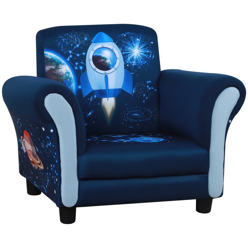 HOMCOM Kids Armchair Toddler Chair Space Rocket Wood Frame Thick Padding High Back Armrest Anti Slip Feet Blue for 3-5 Yrs