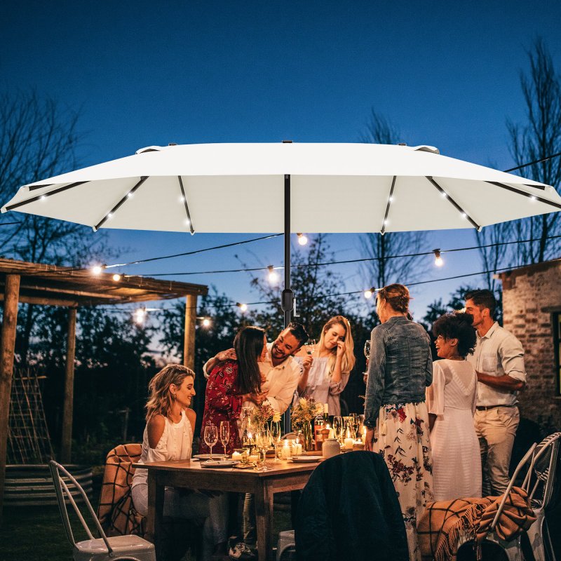 Outsunny 4.4m Double-Sided Sun Umbrella Garden Parasol Patio Sun Shade Outdoor with LED Solar Light, NO BASE INCLUDED, Cream White
