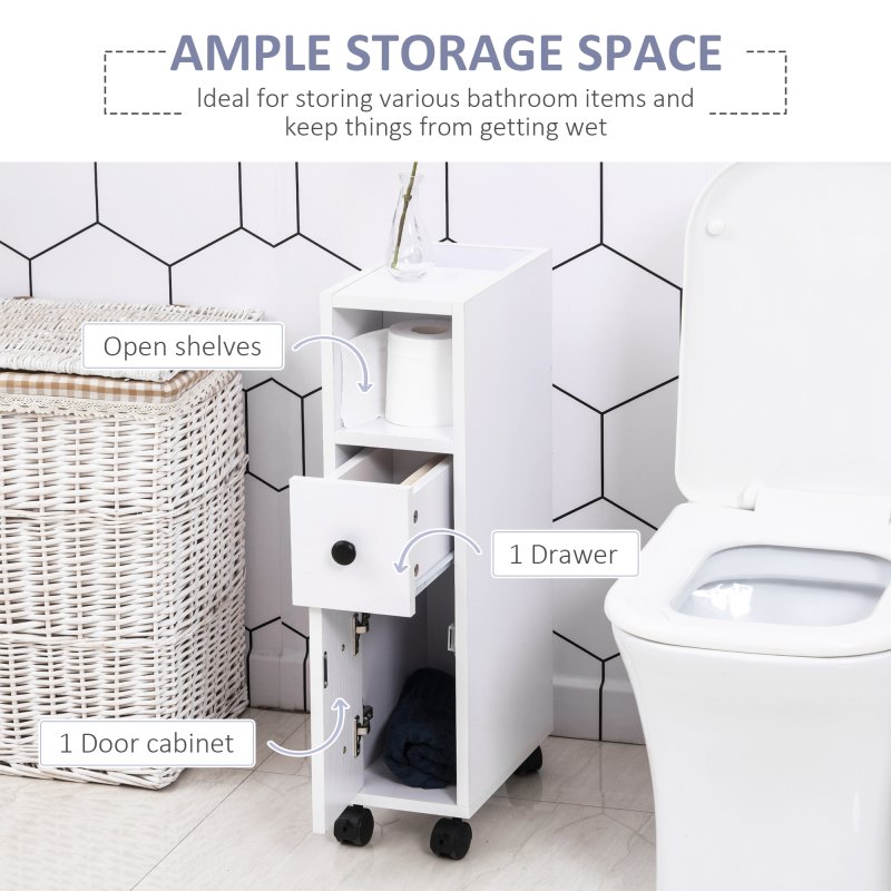kleankin Slimline Bathroom Storage Unit w/ 2 Drawers 2 Open Compartments Wheels Handles Freestanding Compact Home Office Furniture 