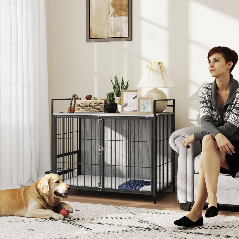 PawHut Dog Crate Furniture with 2 Rotatable Bowls, Dog Crate End Table with 2 Anti-Escape Doors, Storage Shelf, for Large Dogs, 100 x 60 x 88 cm, Grey