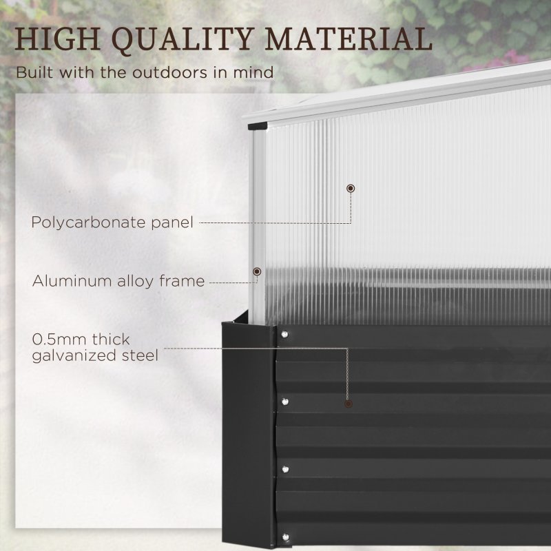 Outsunny Galvanised Raised Garden Bed with Greenhouse and Openable Cover, Metal Outdoor Planters for Vegetables, Flowers and Herbs, for Patio and Garden, 126 x 107 x 67.5cm, Dark Grey